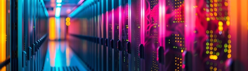 Abstract colorful lights and shadows in a server room.