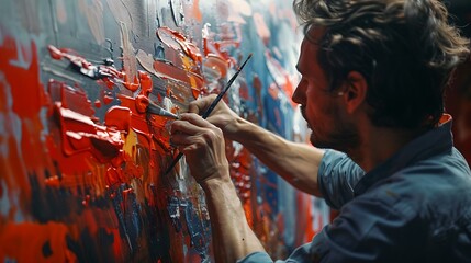A man delicately painting strokes onto a canvas using various brushes, his focus unwavering as he...
