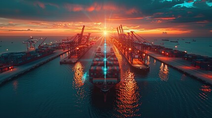 Witness a breathtaking sunset over a cargo ship being loaded at a busy harbor, capturing the essence of maritime industry and efficient global trade networks.