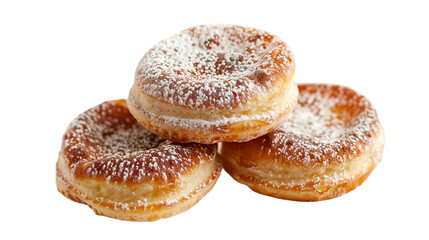 Fototapeta premium Poffertjes, traditional Dutch mini pancakes, isolated on a white background. Perfect for breakfast or dessert, these fluffy, golden brown treats are dusted with powdered sugar and drizzled with syrup.