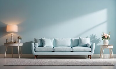 Fototapeta premium Blue modern sofa and blue wall in a chic interior design. Spacious mock-up background.
