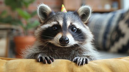 Obraz premium An adorable raccoon inquisitively peeks with a colorful party hat, bringing a sense of curiosity and joy indoors, perfect for creating cheerful stories or decorations.