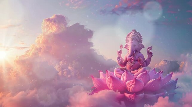 Lord Ganesha meditating on a lotus flower in the sky. Virtual 4K video animation background with looping time lapse with very smooth graphics.