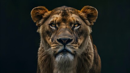Obraz premium Close up head portrait of a lioness staring into the camera providing ample copy space in the image