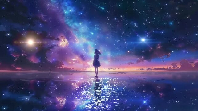 silhouette of a woman at night looking at the beauty of the night sky. Virtual 4K video animation background with looping time lapse with very smooth graphics.