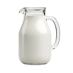 Clear glass pitcher filled with fresh white milk on a white background. Perfect for dairy or breakfast-themed projects.