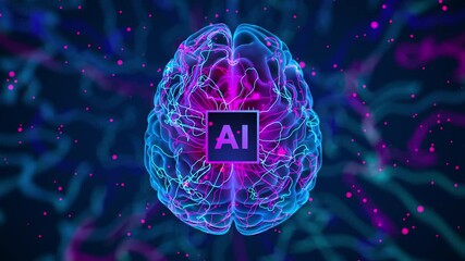 Schematic movement of human brain neurons when an artificial intelligence chip is implanted. 3d animation. 4k.