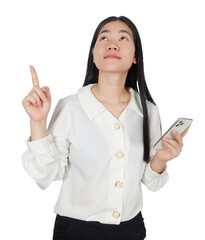 Young woman hand gesture pointing and looking up while using smart phone