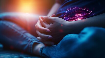 Woman sitting with hands clasped on stomach glowing red ball energy in abdomen stomachache, hand care illness glow