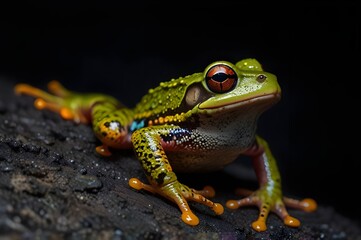 Fototapeta premium a colorful frog with a red eye and a black background