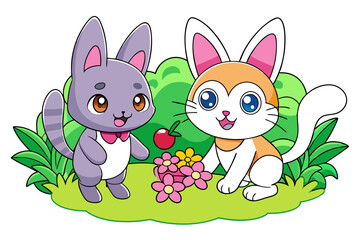 cute Cat and a cute rabbit Is playing in a garden vector