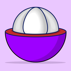 Mangosteen Fruit concept, cartoon illustration of Mangosteen Fruit, half cut flat design of Mangosteen Fruit, summer tropical fruit for healthy lifestyle. White Mangosteen fruit isolated on background