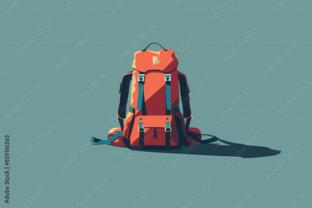 Aufkleber a minimalist image of a stylized red backpack, ready for any adventure, set against a simple blue ba
