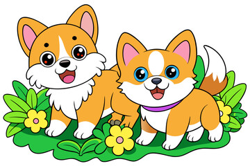 cute corgi dog and a cute Shih Tzu Is playing in a garden vector