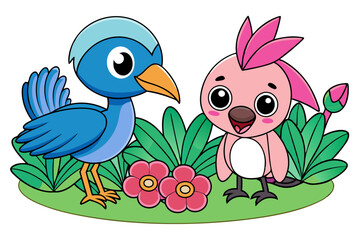 cute Kingfisher and a cute Flamingo Is playing in a garden vector