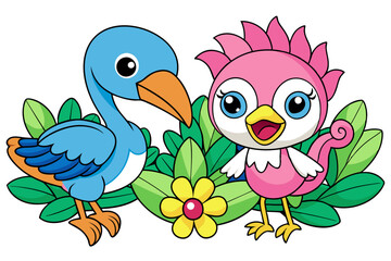 cute Kingfisher and a cute Flamingo Is playing in a garden vector