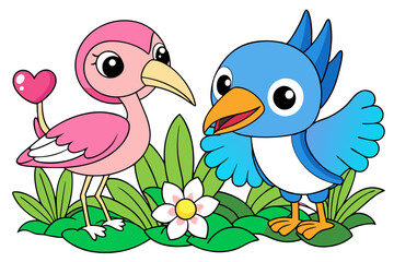 cute Kingfisher and a cute Flamingo Is playing in a garden vector