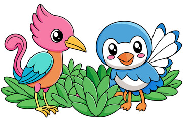 cute Kingfisher and a cute Flamingo Is playing in a garden vector