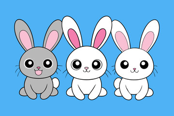 cute three Bunny kawaii, vector illustration