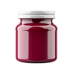 High-quality clear glass jar filled with vibrant red jam, isolated on a white background. Perfect for food and packaging designs.