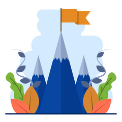 Concept of business mission, career peak. mountain with a flag on it, Mountain climbing path to the top. The business journey path runs towards success. Mountain peak, climbing route to the top.