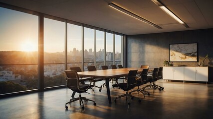 modern office meeting room with aesthetic warm lighting with sun outside that promotes good working environment and collaboration