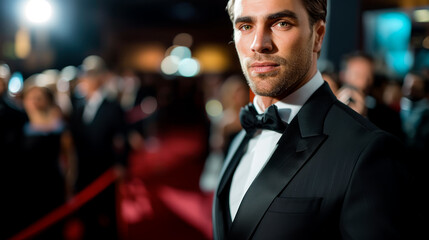 Fototapeta premium Caucasian actor on red carpet, people taking pictures