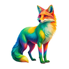 Obraz premium A graceful fox with a stunning rainbow fur pattern, standing alert and poised, showcasing vibrant colors on a transparent background