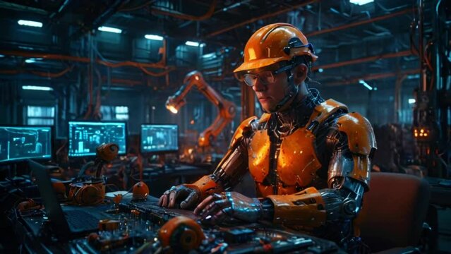 The video depicts a female gynoid wearing a hard hat and working at a computer terminal in a factory.