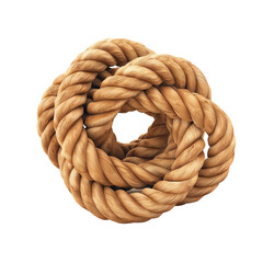 Thick, twisted brown rope in a complex knot, isolated on a white background, represents strength, durability, and intricacy in design.