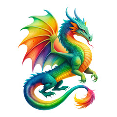 Fototapeta premium A majestic dragon with vibrant rainbow scales and wings, poised regally with a fierce expression and a curled tail, on a transparent background