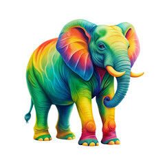 Fototapeta premium A vibrant elephant adorned in a rainbow spectrum of colors, standing majestically with large, colorful ears on a transparent background
