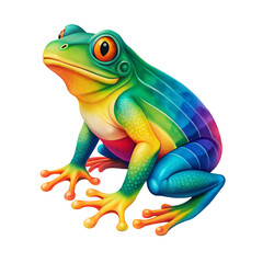 Fototapeta premium A vibrant frog with a striking rainbow pattern on its body, sitting alert with bright eyes and colorful limbs on a transparent background