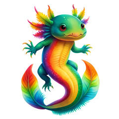 Fototapeta premium A whimsical axolotl with a bright rainbow body, adorned with colorful feathery gills and a vibrant tail, on a transparent background