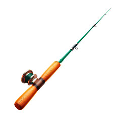 Fototapeta premium Vintage wooden handle fishing rod with green reel, isolated against white backdrop, perfect for angling and sports enthusiasts.
