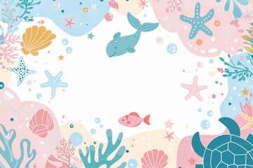 A blue background with a variety of sea creatures including a mermaid, starfish