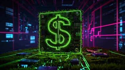 A glowing green dollar sign made of circuit board material sits in the center of a dark digital landscape.