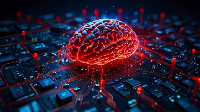 A glowing red brain sits atop a circuit board.