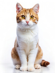 Fototapeta premium A brown and white cat with yellow eyes on a white surface
