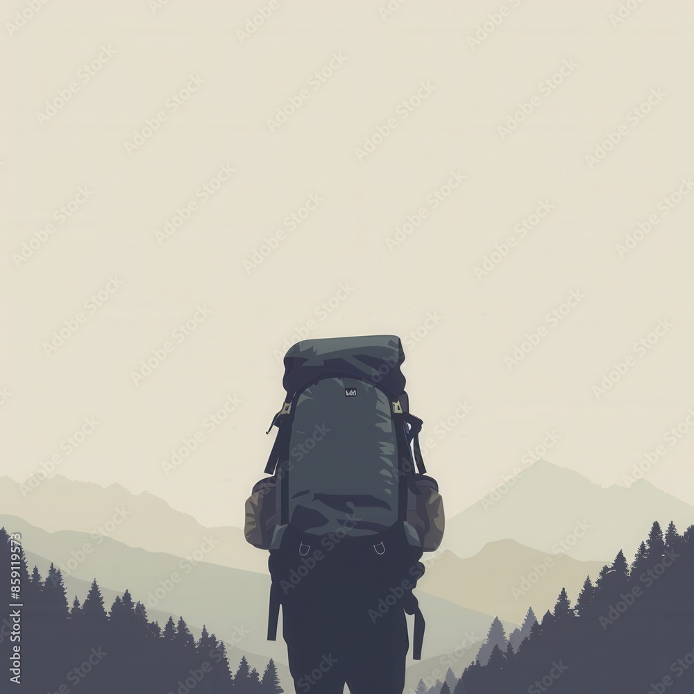 Poster A minimalist illustration of a stylized backpack set against a backdrop of a mountain range, representing a sense of travel and adventure. Generative AI