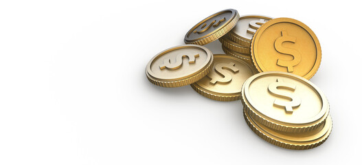 Realistic 3D illustration of dollar, coin, cash, business, investment, economy and finance. World currency gold coin illustration png image. Dollar coin with white background.