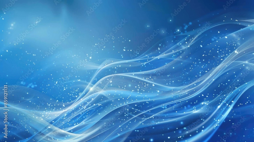 Poster wavy blue background with particles and lines, creating a dynamic and flowing visual effect.