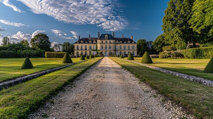 Fototapeta premium A gravel path winds through manicured gardens towards a stately French chateau