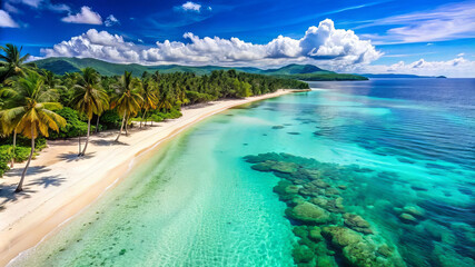 Aerial view of tropical beach with palm trees and turquoise water