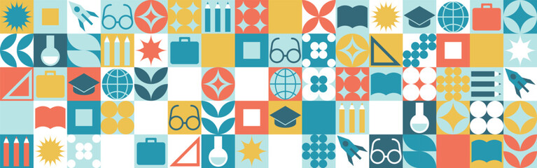 School seamless background for a stand made of geometric shapes, colored mosaic in a trendy style. Student and office worker template for wallpaper and web cover - globe, book. glasses, pencils.