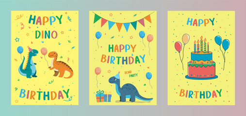 childrens cute dinosaur greeting card. Dinosaur party. 