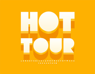 Vector marketing banner Hot Tour. Sunny style Font. Decorative Alphabet Letters and Numbers set.