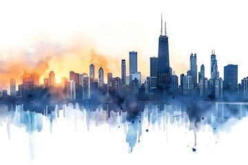 Obraz premium Watercolor skyline at sunset on white background. Megalopolis city silhouette with high-rise buildings.