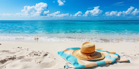 Obraz premium hat and towel, on the beach with copy space