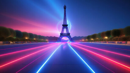 Olympic Games Paris 2024 Eiffel Tower with neon lights on athletics track at night. AI generated illustration